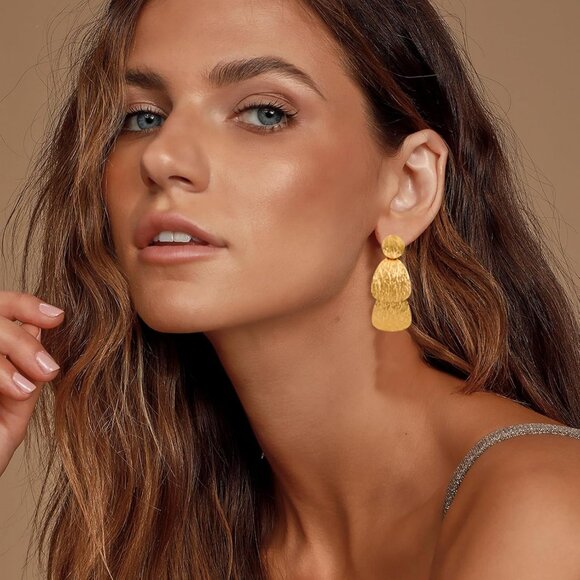 Gold Earrings for Women 14k Gold Plated Lightweight Dangle Earrings Hammered Dis - Picture 3 of 6